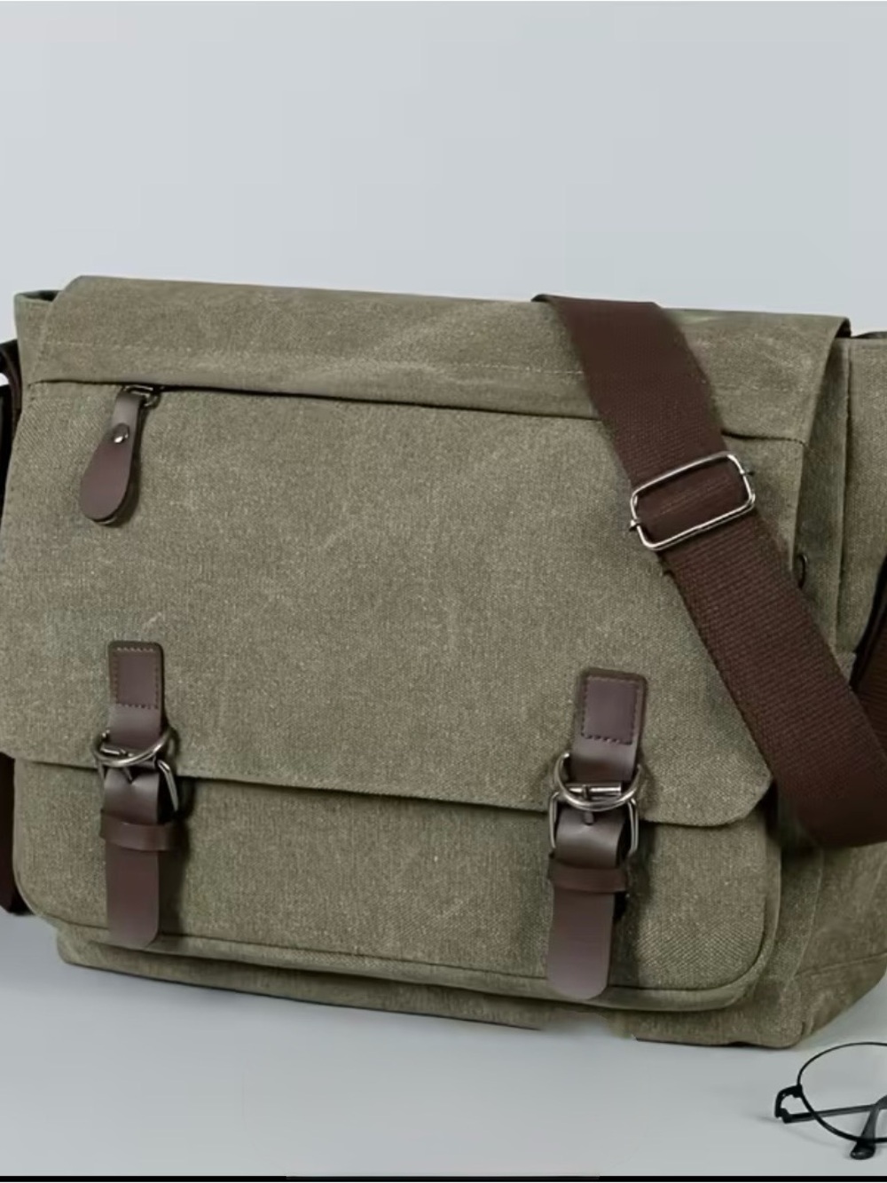 Olive Green Canvas Messenger Bag with Brown Trim